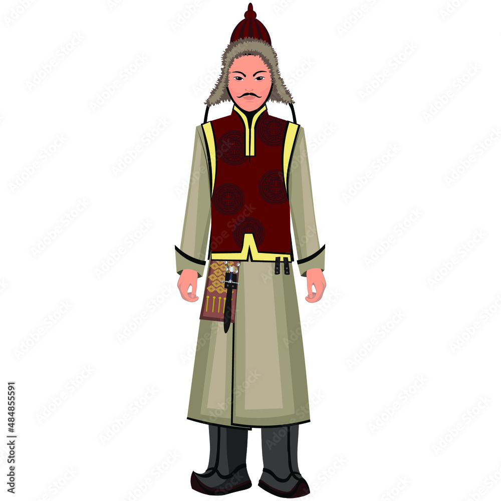 Men's folk national Mongolian costume. Vector illustration