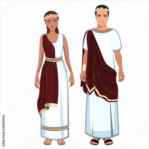 Woman and man in folk national Greece costumes. Vector illustration