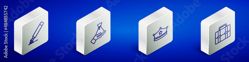 Set Isometric line Fountain pen nib, Bribe money bag, Police cap with cockade and Briefcase icon. Vector