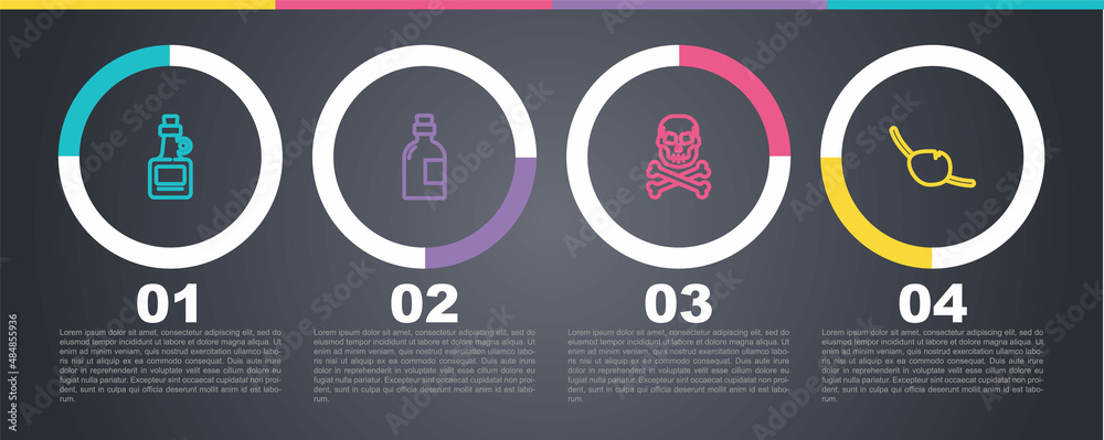 Set line Alcohol drink Rum, , Skull on crossbones and Pirate eye patch. Business infographic template. Vector