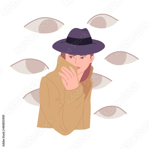 The woman hides her face. A symptom of schizophrenia: delusions of persecution. Conceptual illustration of a mental disorder. Flat cartoon picture.