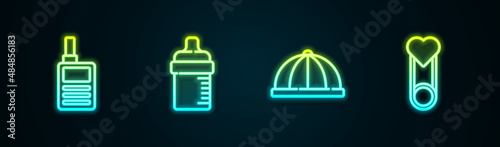 Set line Baby Monitor Walkie Talkie, bottle, hat and clothes pin. Glowing neon icon. Vector