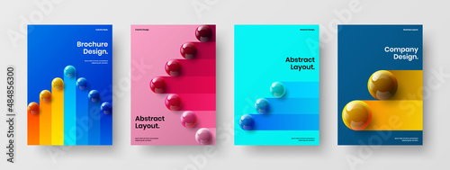 Fresh book cover vector design template collection. Geometric 3D spheres flyer layout composition.