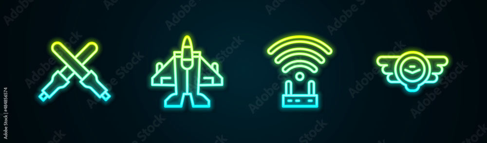 Set line Marshalling wands, Jet fighter, Router wi-fi signal and Aviation emblem. Glowing neon icon. Vector Set line Marshalling wands, Jet fighter, Router wi-fi signal and Aviation emblem. Glowing neon icon. Vector