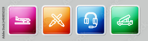 Set line Plane, Marshalling wands, Headphones with microphone and Passenger ladder. Colorful square button. Vector