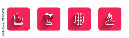 Set line Skates, Action camera, Ski and sticks and Winter athlete with long shadow. Red square button. Vector