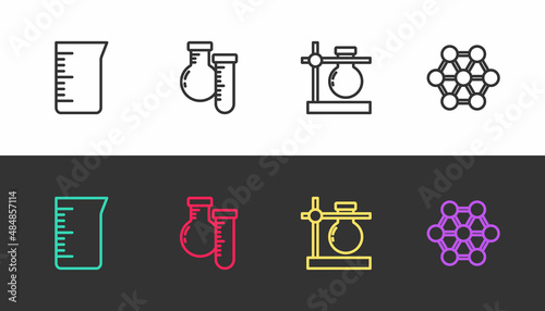 Set line Laboratory glassware or beaker, Test tube and flask, on stand and Molecule on black and white. Vector