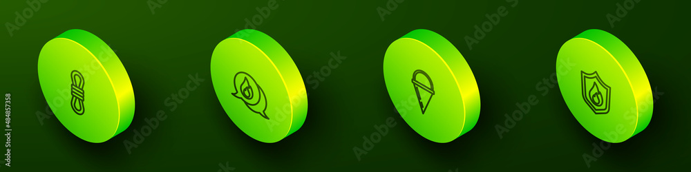 Set Isometric line Climber rope, Telephone call 911, Fire cone bucket and protection shield icon. Vector Set Isometric line Climber rope, Telephone call 911, Fire cone bucket and protection shield icon. Vector