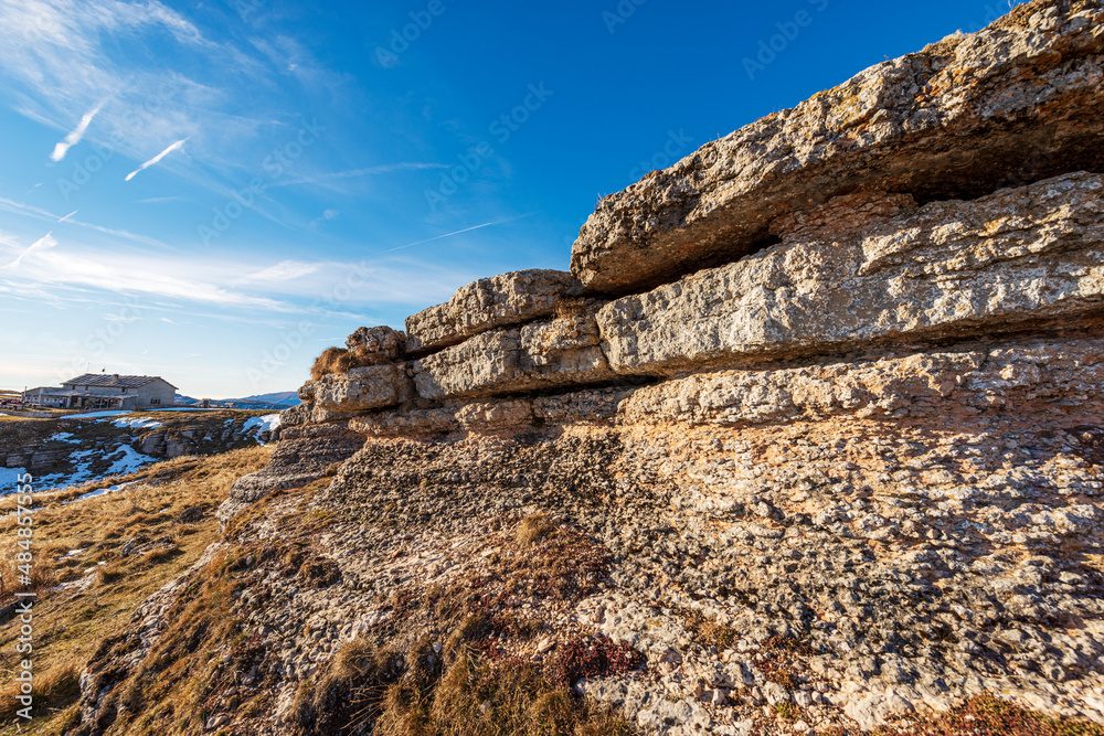 Close-up of rock karst formations on Lessinia Plateau Regional Natural Park (Altopiano della Lessinia), Malga lessinia, Erbezzo municipality, Verona Province, Veneto, Italy, southern Europe.