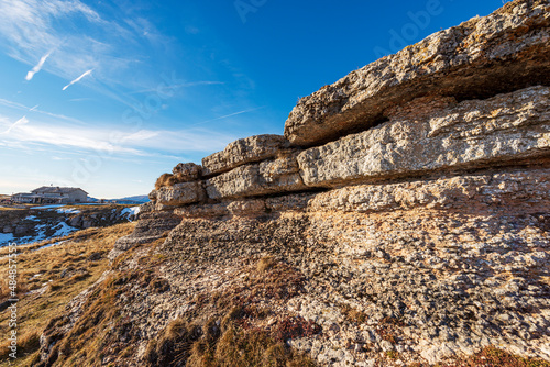 Close-up of rock karst formations on Lessinia Plateau Regional Natural Park (Altopiano della Lessinia), Malga lessinia, Erbezzo municipality, Verona Province, Veneto, Italy, southern Europe.