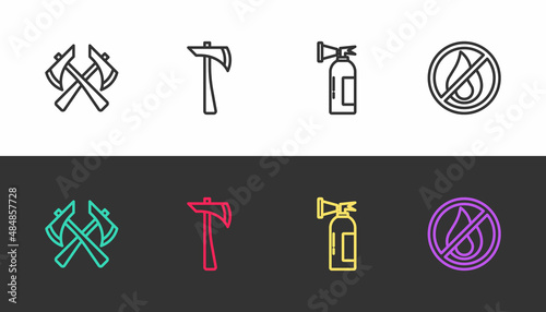 Set line Firefighter axe, , extinguisher and No fire on black and white. Vector