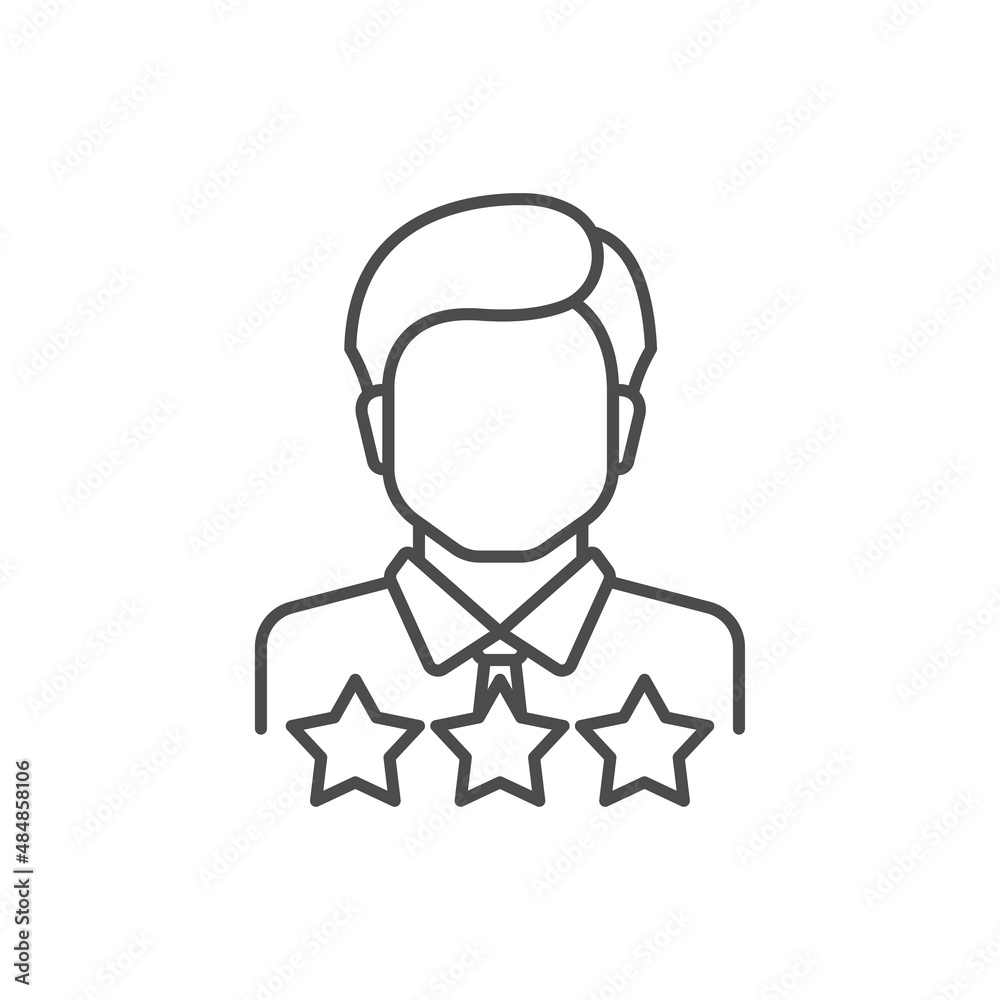 Man and three stars outline icon. linear style sign for mobile concept and web design. Person, rating, stars simple line vector icon. Symbol, logo illustration. Pixel perfect vector graphics Man and three stars outline icon. linear style sign for mobile concept and web design. Person, rating, stars simple line vector icon. Symbol, logo illustration. Pixel perfect vector graphics