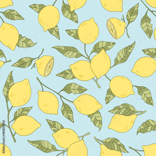 Lemons. Seamless vector pattern (background). Cartoon fruit print. 