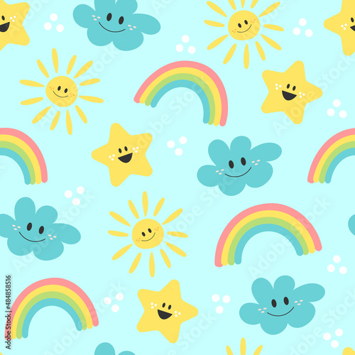 Cute cartoon sun  rainbow  cloud and star - seamless pattern background on blue. Pattern for kids design