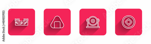Set line Great wall of China, Sushi, Gong and Chinese Yuan currency with long shadow. Red square button. Vector