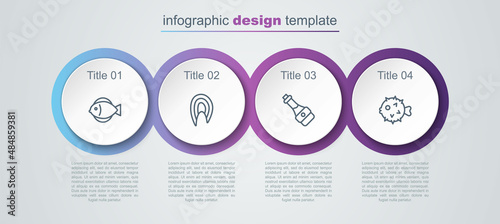 Set line Fish, steak, Soy sauce bottle and hedgehog. Business infographic template. Vector