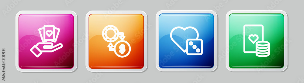 Set line Hand holding playing cards, Casino chips exchange on money, Game dice and . Colorful square button. Vector Set line Hand holding playing cards, Casino chips exchange on money, Game dice and . Colorful square button. Vector