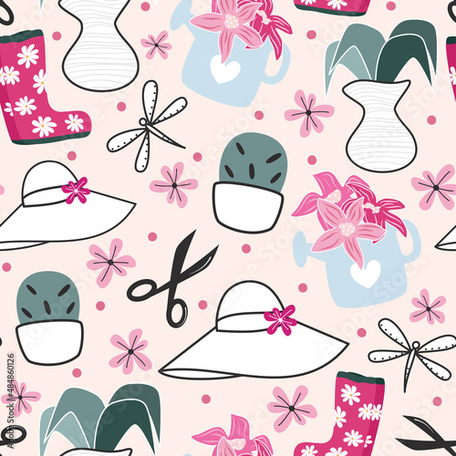 Cute lovely beautiful abstract seamless vector pattern background illustration with colorful plants, girly hats, scissors, dragonflies, rubber boots and flowers	