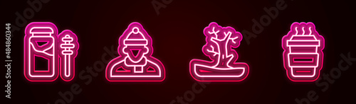 Set line Jar of honey and dipper stick, Autumn clothes, Bare tree and Coffee cup to go. Glowing neon icon. Vector