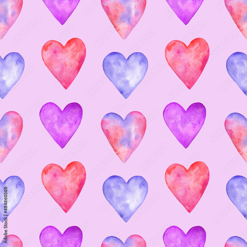 Seamless watercolor pattern with colorful hearts on light violet background.For valentine's day,birthday,wrapping.