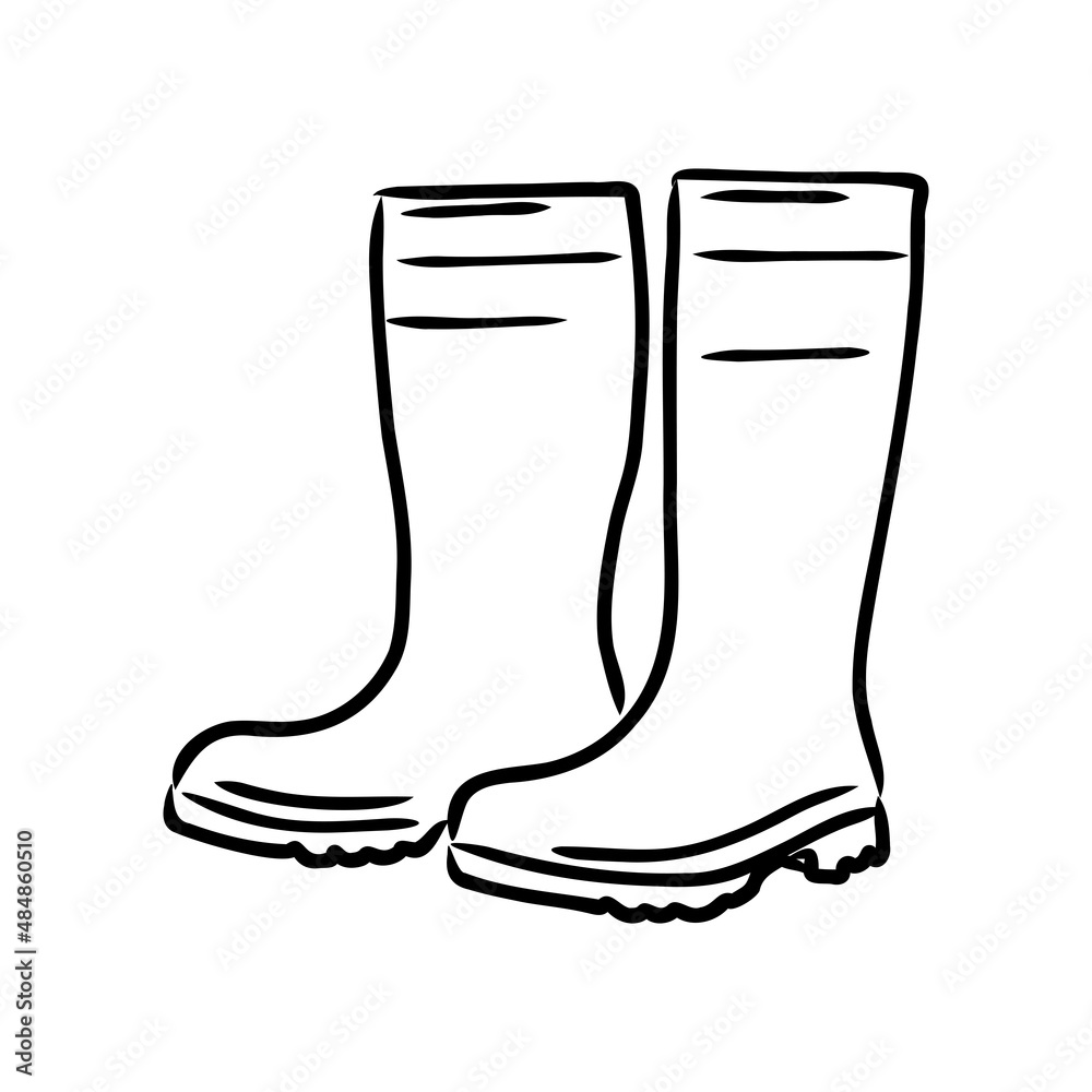 Rubber boots isolated on a white background. Autumn shoes for walking in puddles. Water-resistant boots. Boots of a gardener to work in the garden. vector illustration in the Doodle style Rubber boots isolated on a white background. Autumn shoes for walking in puddles. Water-resistant boots. Boots of a gardener to work in the garden. vector illustration in the Doodle style