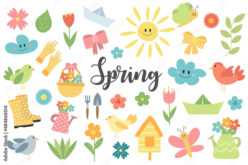 Collection of hand drawn spring items for bright design isolated on white background. Simple icons Collection of hand drawn spring items for bright design isolated on white background. Simple icons