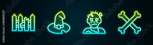 Set line Garden fence wooden, Witch hat, Zombie mask and Crossed bones. Glowing neon icon. Vector