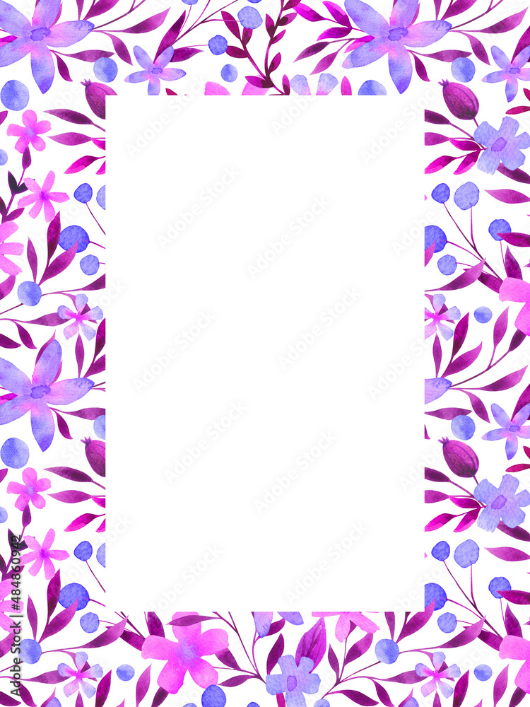 Elegant floral postcard, greeting, card, invitation, frame, border. Botanical blank, template, copy space. Pink, violet flowers watercolor design. Elegant floral postcard, greeting, card, invitation, frame, border. Botanical blank, template, copy space. Pink, violet flowers watercolor design.