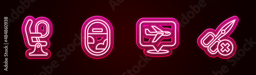 Set line Airplane seat, window, Plane and No scissors. Glowing neon icon. Vector