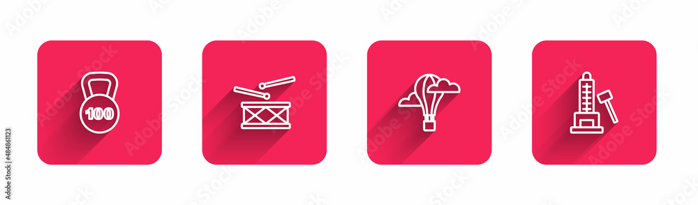 Set line Weight, Drum with drum sticks, Hot air balloon and Striker attraction hammer with long shadow. Red square button. Vector Set line Weight, Drum with drum sticks, Hot air balloon and Striker attraction hammer with long shadow. Red square button. Vector