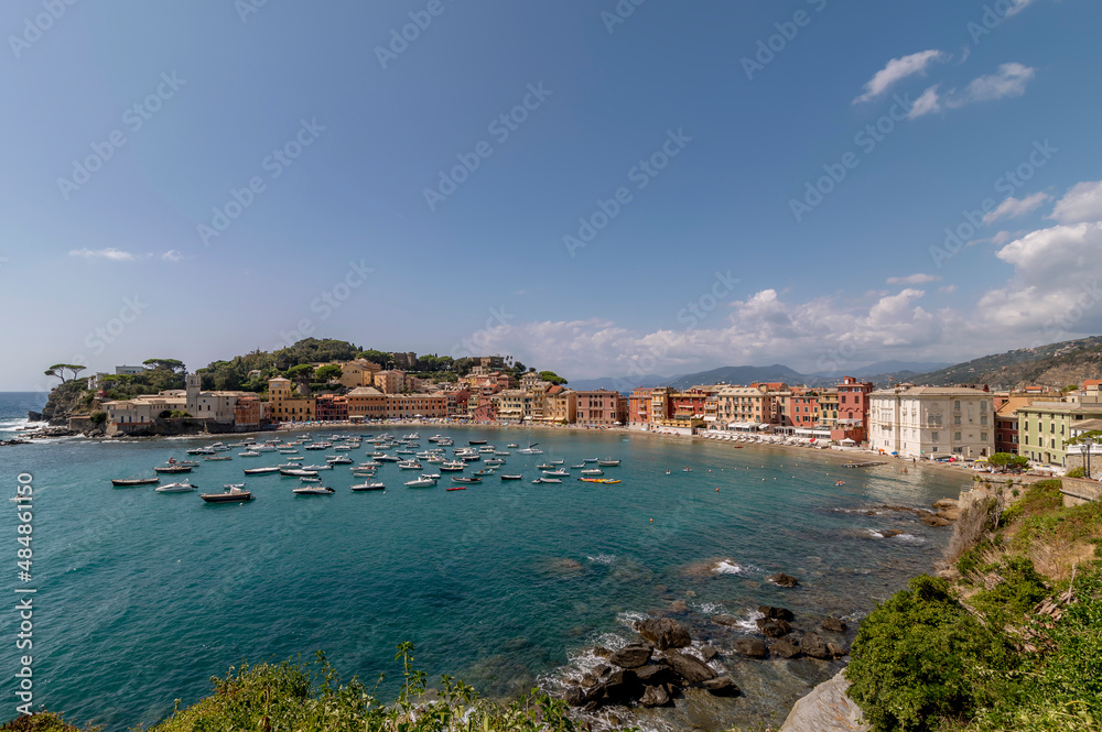 Aerial view of the gulf of Sestri Levante, Italy, known as the bay of silence, Baia del Silenzio
