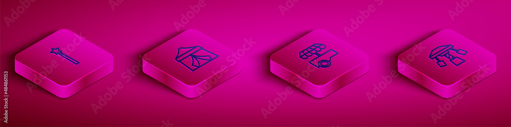 Set Isometric line Magic wand, Circus tent, Fast street food cart and Attraction carousel icon. Vector Set Isometric line Magic wand, Circus tent, Fast street food cart and Attraction carousel icon. Vector