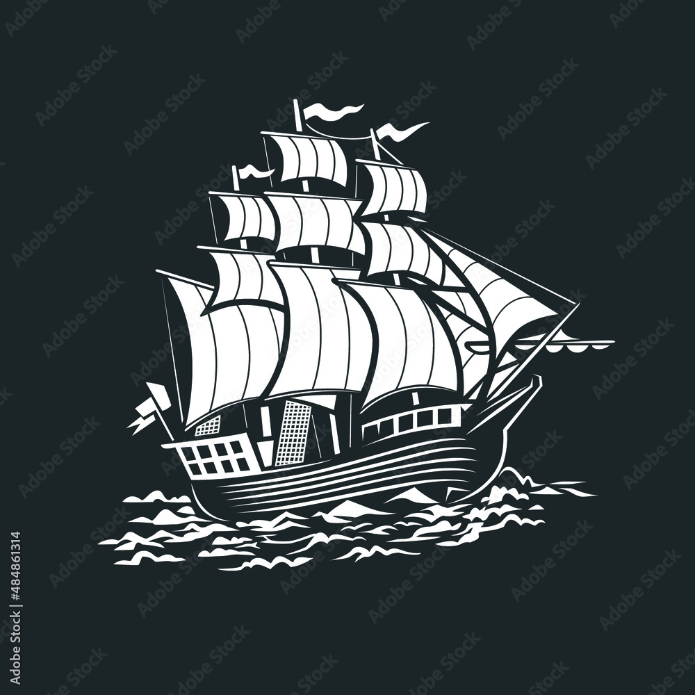 Naklejka premium Ship, sailboat. Black and white illustration.