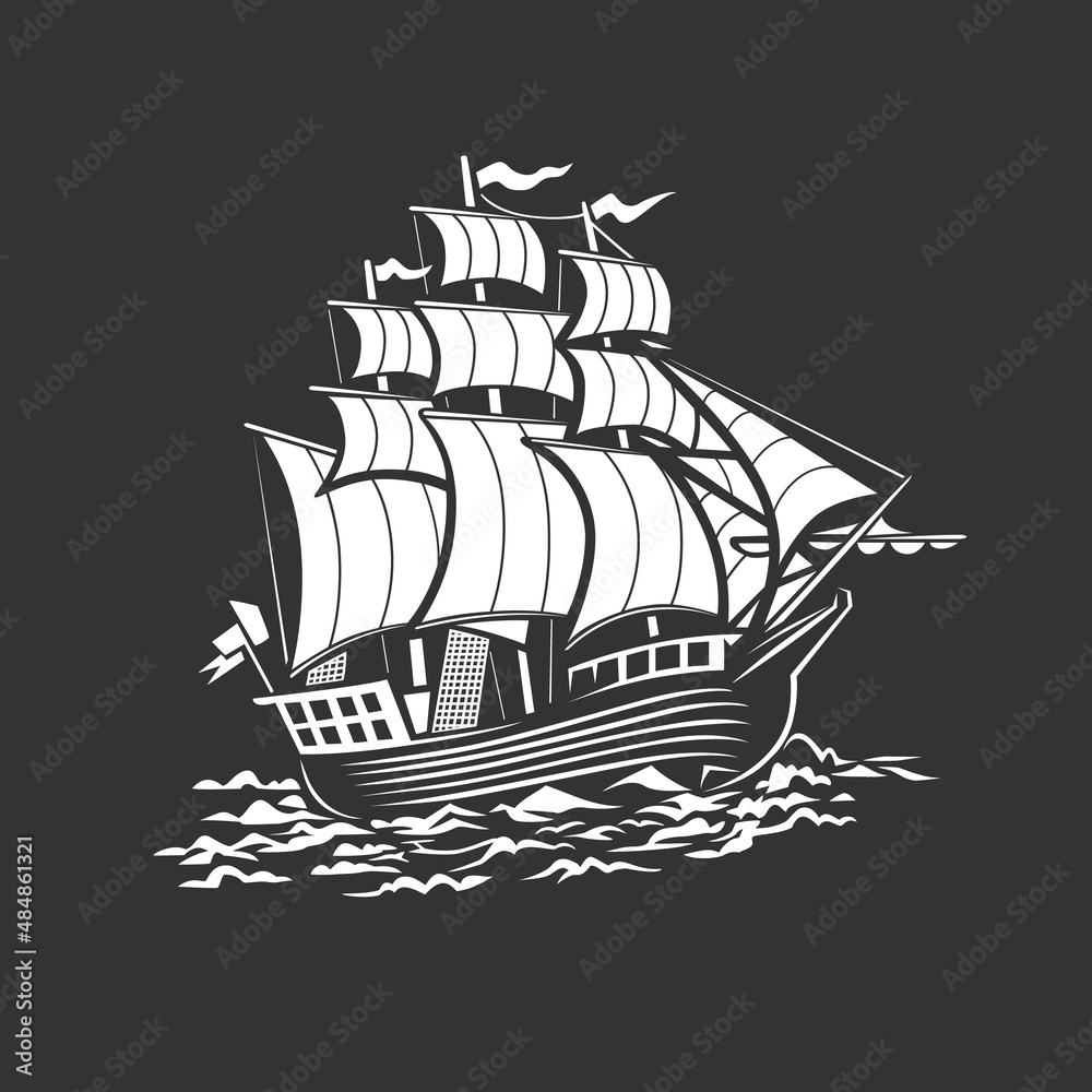 Naklejka premium Ship, sailboat. Black and white illustration.