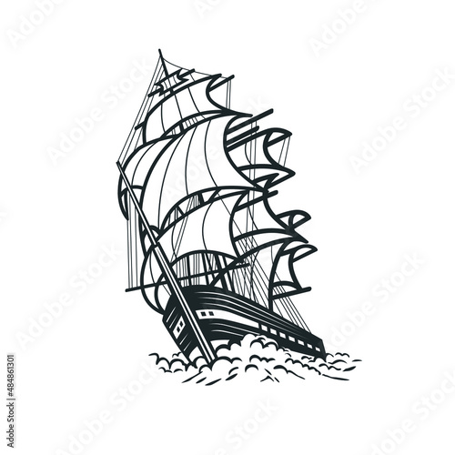 Ship, sailboat. Black and white illustration.