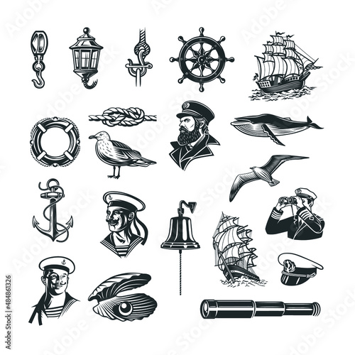Sea theme set. Black and white illustrations.