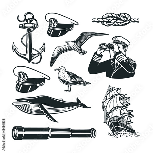 Sea theme set. Black and white illustrations.