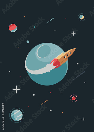Fototapeta Naklejka Na Ścianę i Meble -  Poster with rocket flying around planet. Space placard design in flat style.