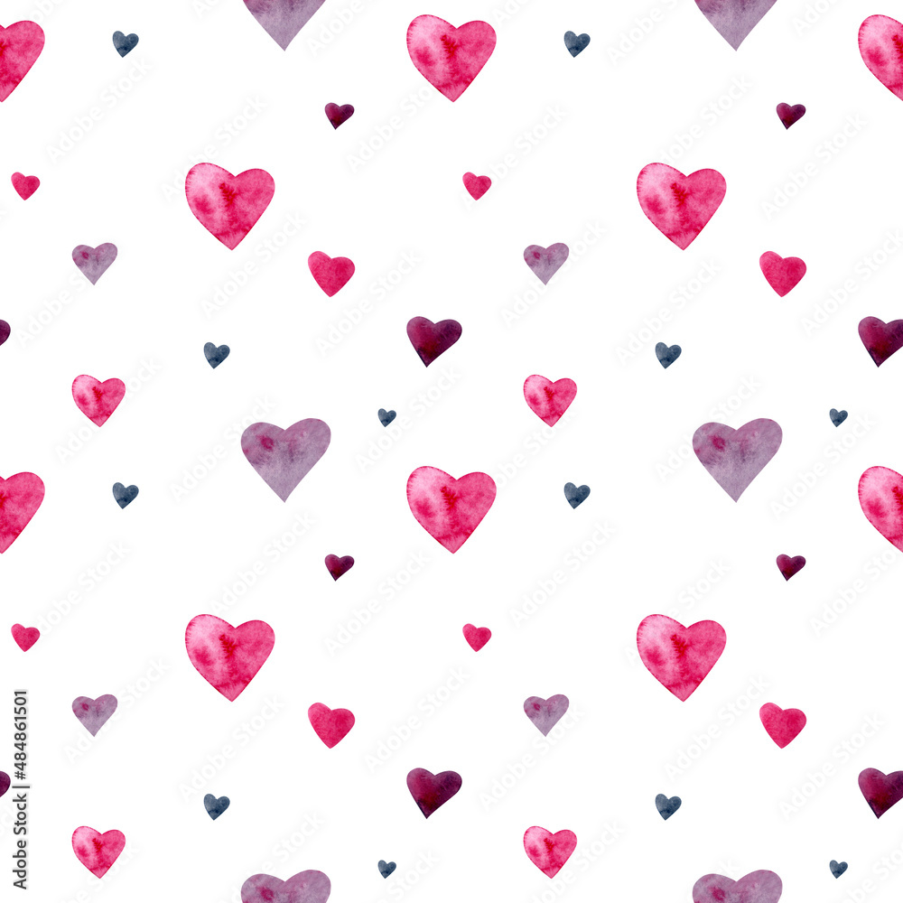 Small hearts in watercolor on a white background. Seamless pattern. Decor for Valentine's Day. Valentine's day, wedding, birthday.