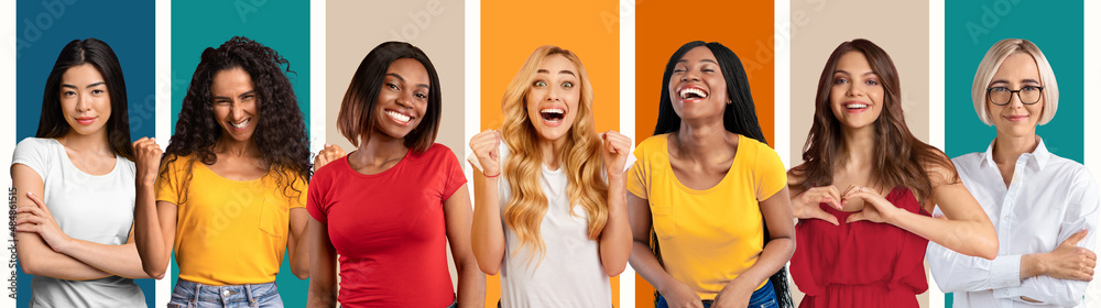 Different real feminine emotions of millennial international ladies on colorful background. Gestures and signs