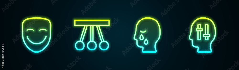 Set line Comedy theatrical mask, Pendulum, Man graves funeral sorrow and Solution to problem. Glowing neon icon. Vector Set line Comedy theatrical mask, Pendulum, Man graves funeral sorrow and Solution to problem. Glowing neon icon. Vector
