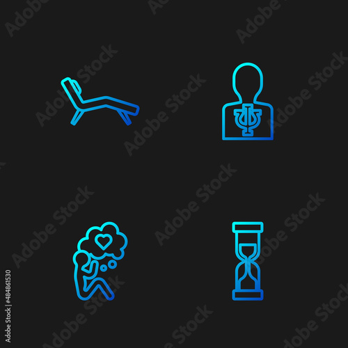 Set line Old hourglass, Head with heart, Armchair and Psychology, Psi. Gradient color icons. Vector