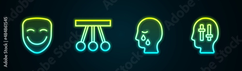 Set line Comedy theatrical mask, Pendulum, Man graves funeral sorrow and Solution to problem. Glowing neon icon. Vector