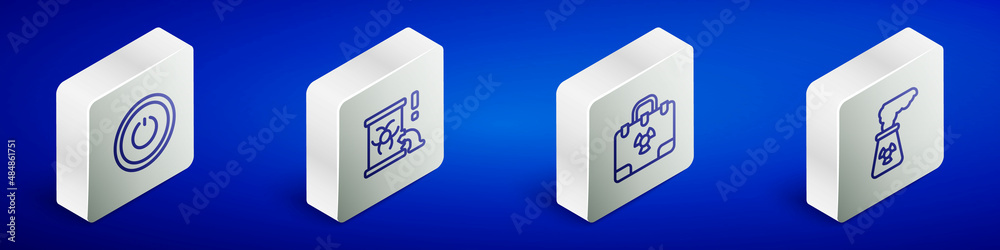 Set Isometric line Power button, Radioactive waste in barrel, Radiation nuclear suitcase and Nuclear power plant icon. Vector Set Isometric line Power button, Radioactive waste in barrel, Radiation nuclear suitcase and Nuclear power plant icon. Vector