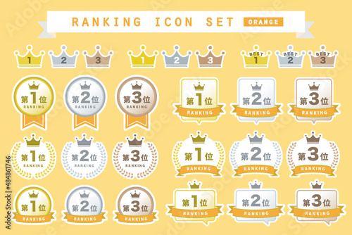 白フチ　ランキングアイコンの素材セット　オレンジ　ベクターイラスト