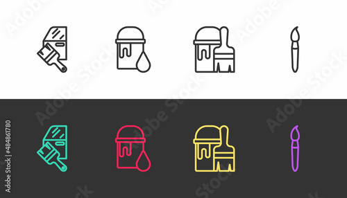 Set line Car painting, Paint bucket, with brush and on black and white. Vector