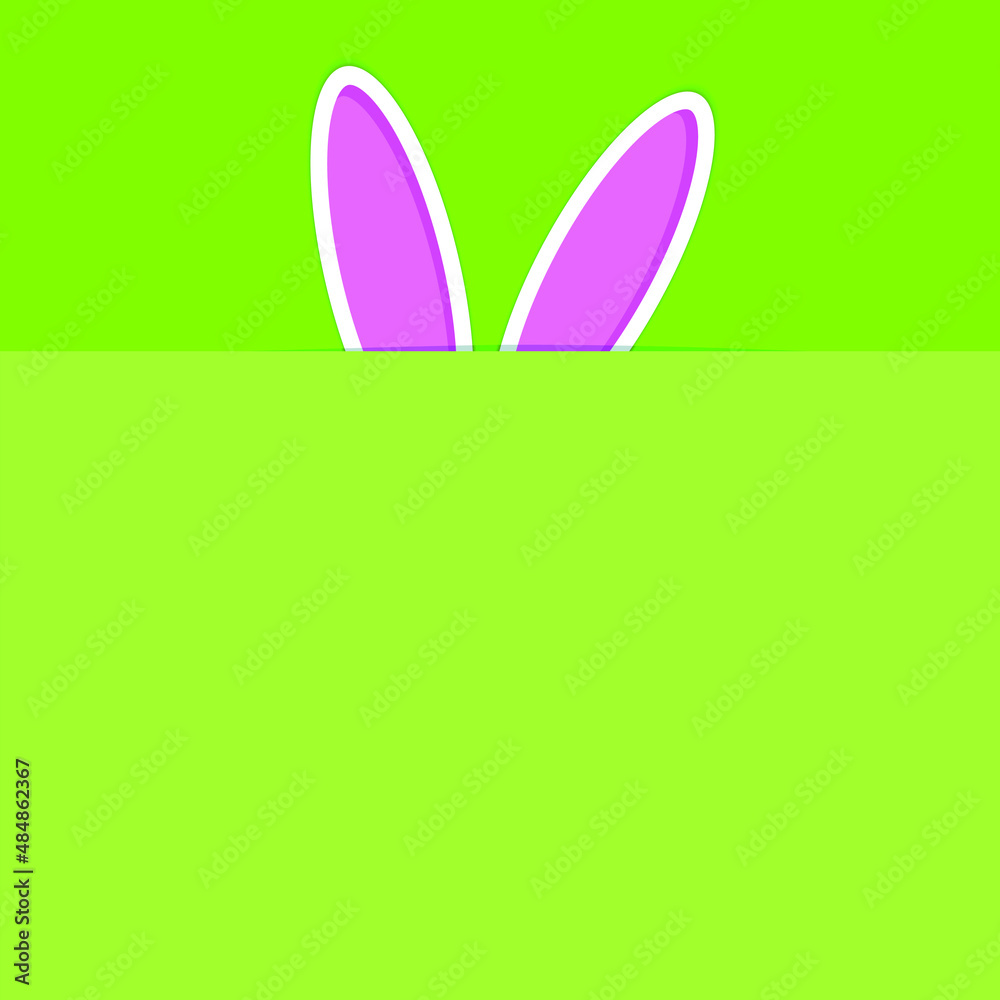 Rabbit ears sticking out from behind a leaf. Simple composition.  Copy space.  Place for your text. Bright green colour. Postcard, post, invitation. 