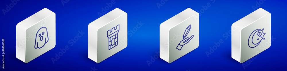 Set Isometric line Ghost, Castle tower, Magic stone and Moon and stars icon. Vector Set Isometric line Ghost, Castle tower, Magic stone and Moon and stars icon. Vector