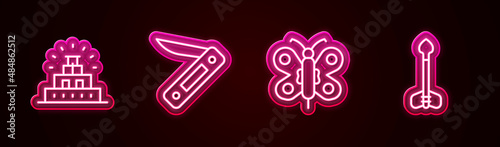 Set line Chichen Itza in Mayan, Swiss army knife, Butterfly and Arrow. Glowing neon icon. Vector