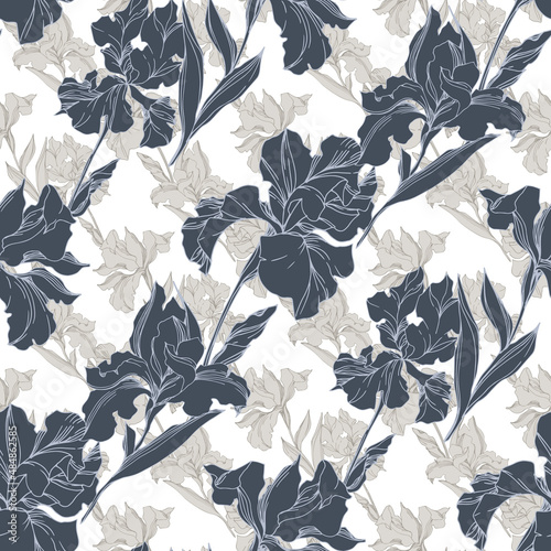 Iris floral botanical flowers. Black and white engraved ink art. Seamless background pattern.